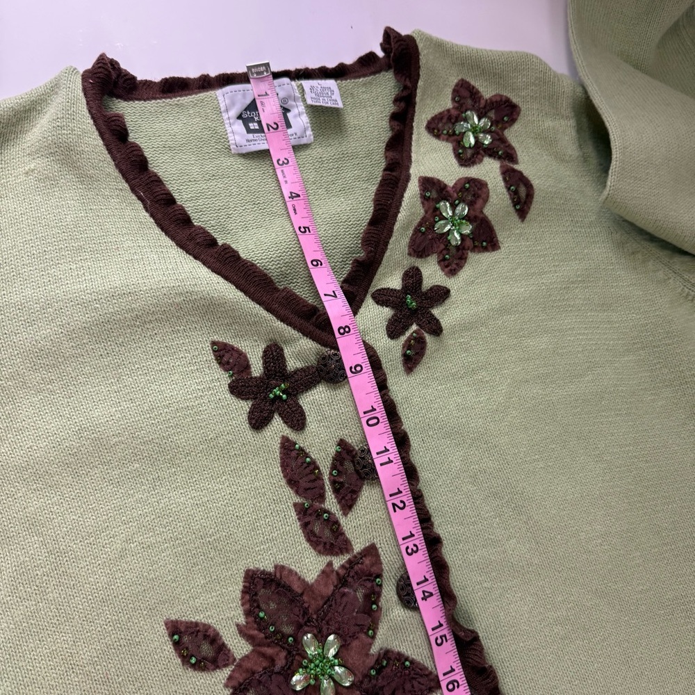 Storybook Knits Sweater Womens Large Green Floral Autumn Serenity Cardigan - Picture 10 of 11